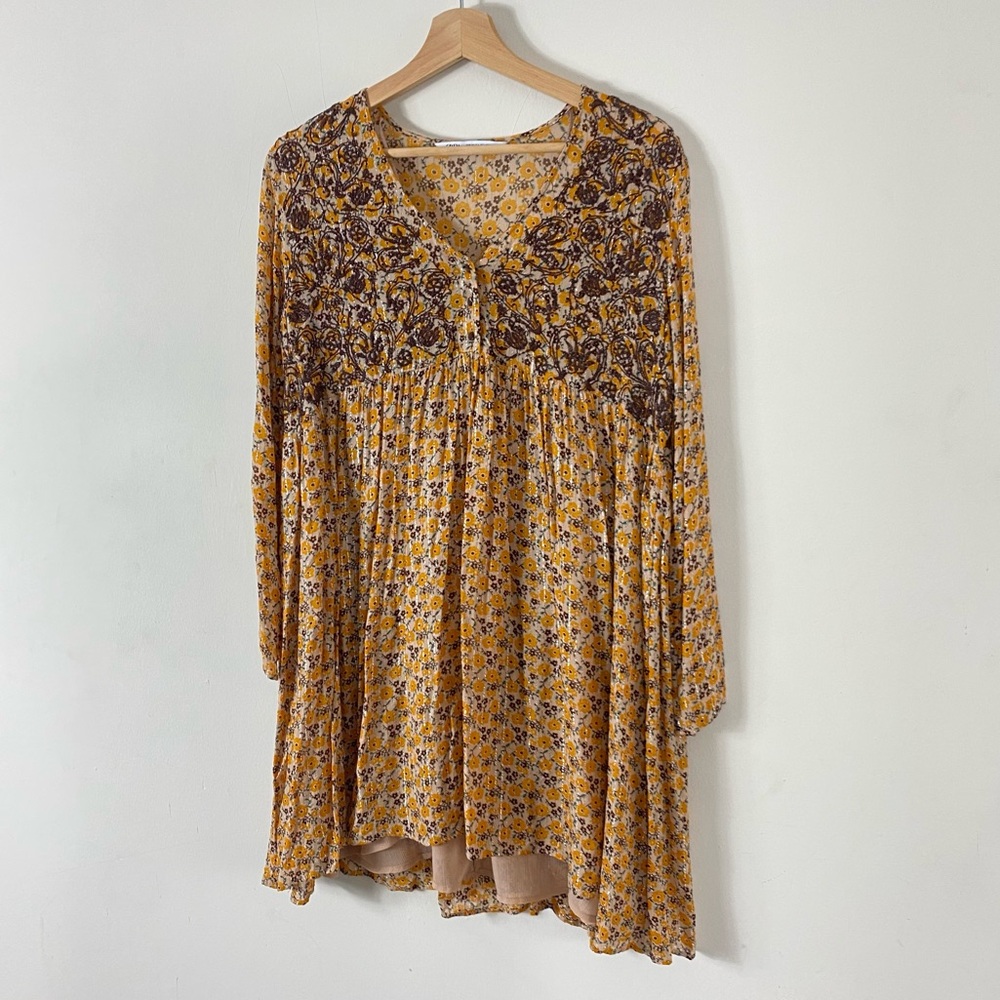 ZARA Floral Embroidered Long Sleeve Mini Dress Mustard Yellow - XS - Picture 13 of 16